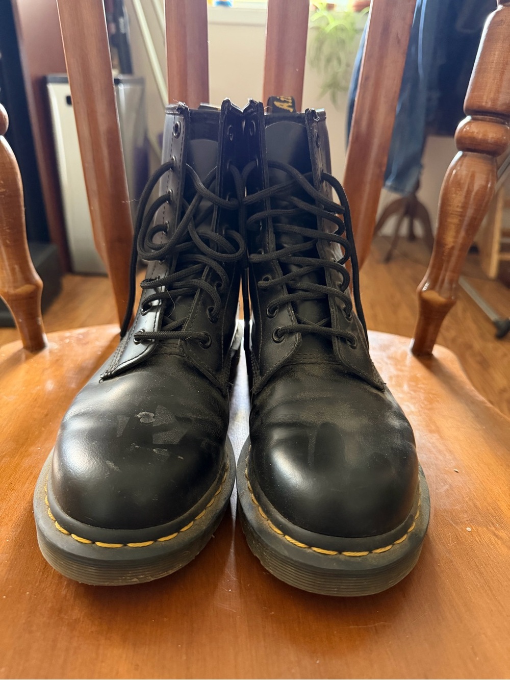 Dr. Martens Black Leather Lace-Up Combat Boots with Yellow Stitching